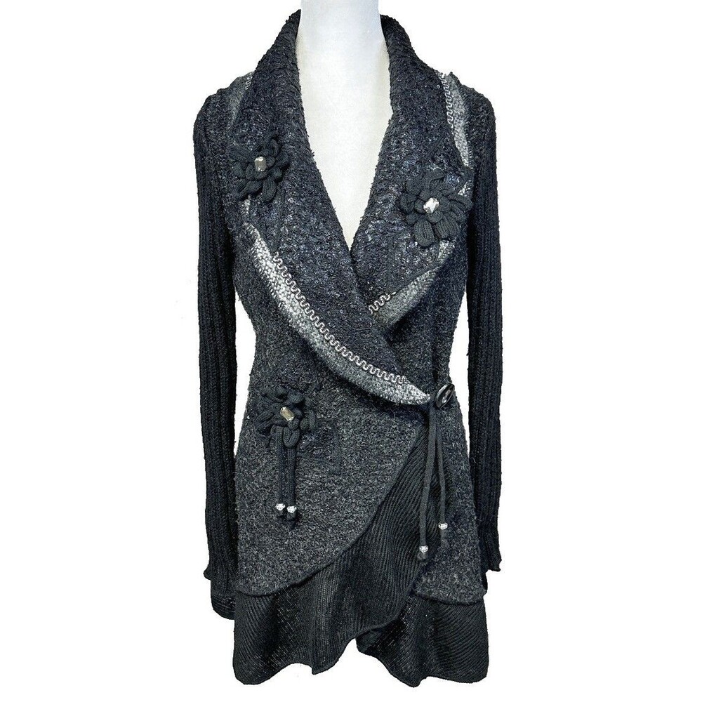 Sioni Anthropologie Black Longline Knit Cardigan Size Medium Boho Artsy Grunge